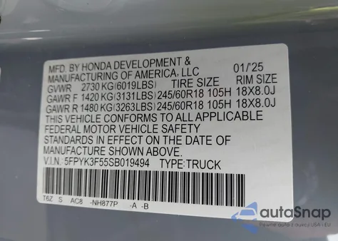 2025 Honda Ridgeline Rtl z USA, uszkodzony, nr VIN 5FPYK3F55SB019494